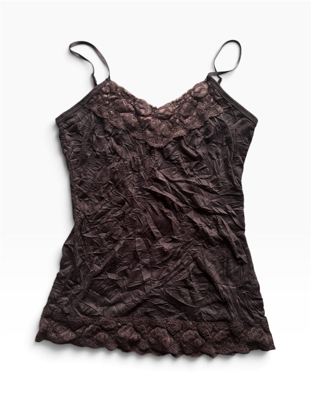 Y2K Brown Lace Sheer Slip Crinkled Cami Tank Sz M Festival Doll Romantic